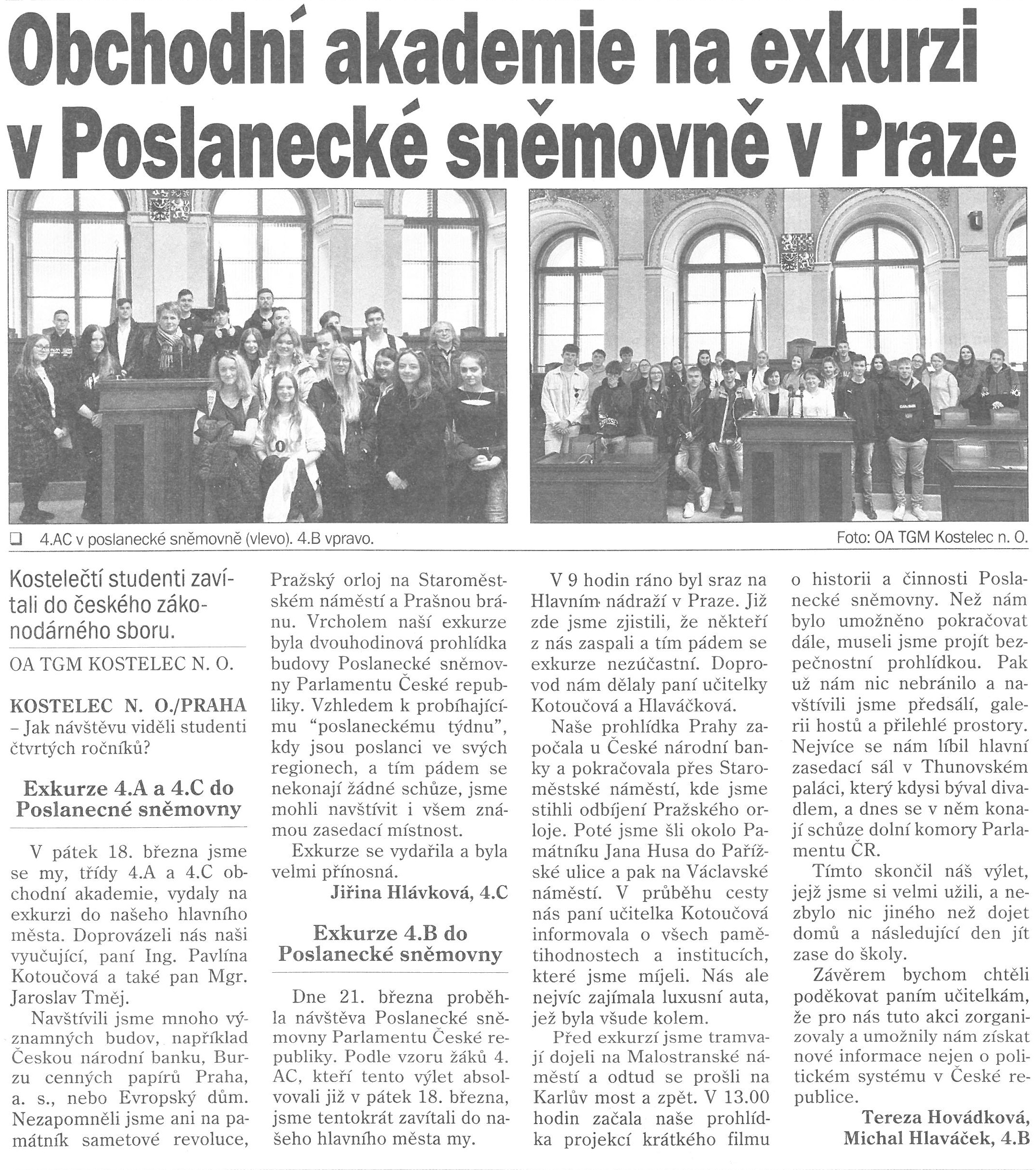 článek z novin - poslanecká sněmovna